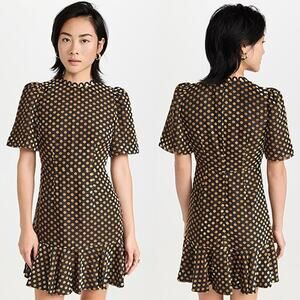 NWT Rhode Daron Puff Sleeves A-line Dot Jacquard Black and Gold Mini Dress